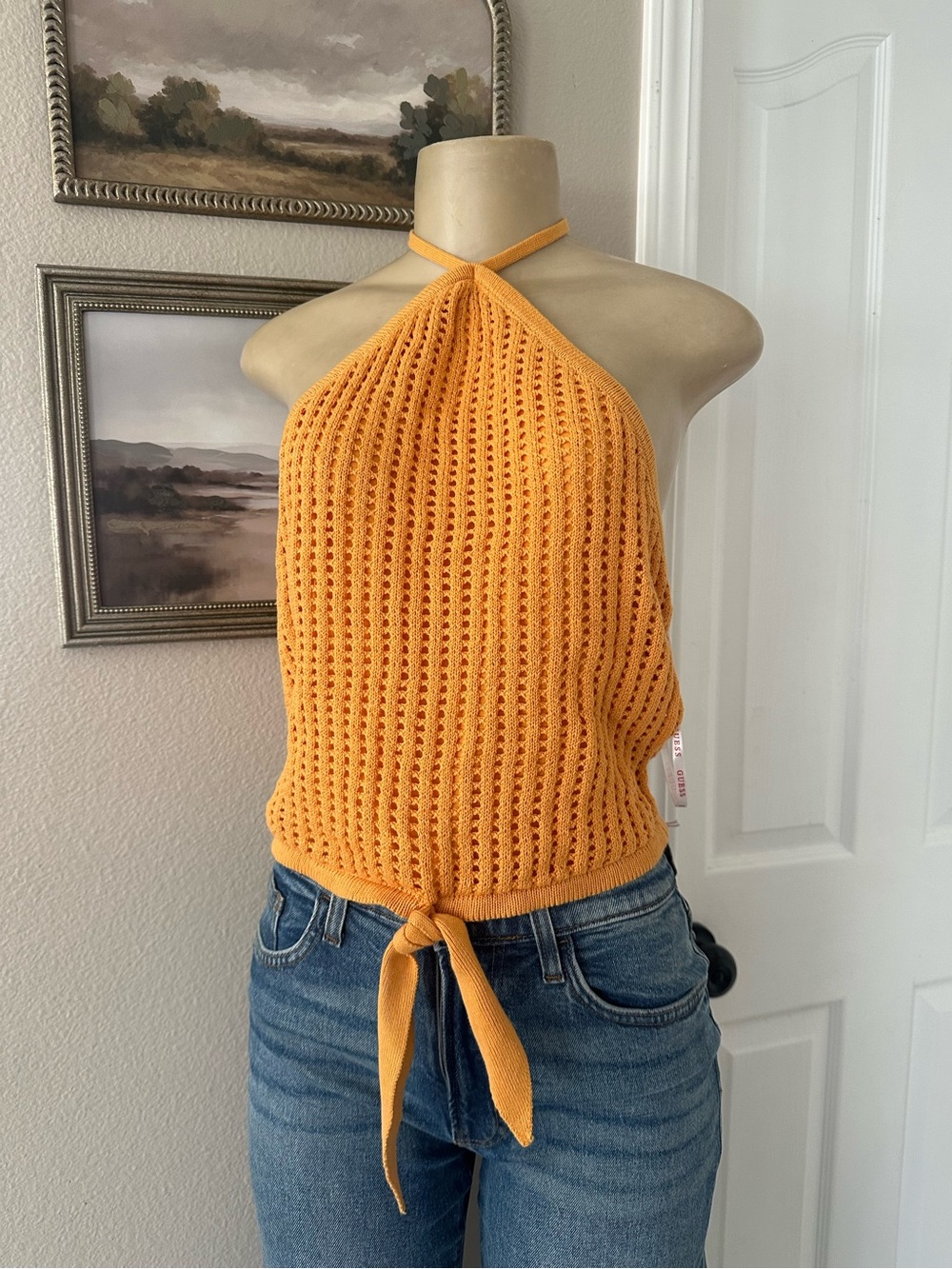 Guess Yellow Crochet Halter Tie-Front Camisole